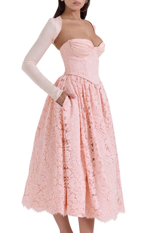 Shop House Of Cb Duchess Corset Lace Fit & Flare Midi Dress With Bolero In Pink Salt