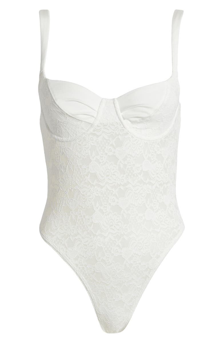 EDIKTED Lace & Satin Underwire Bodysuit, Alternate, color, White