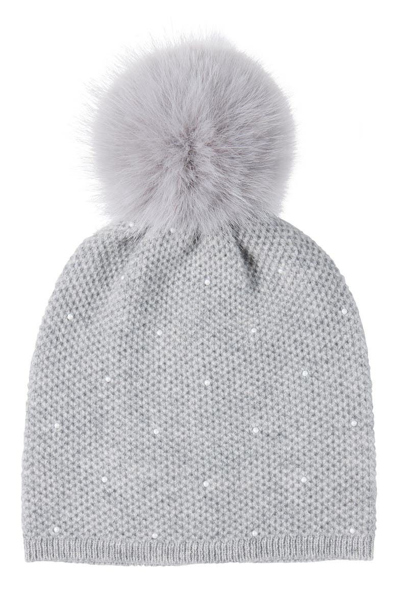Embellished Textured Cashmere Beanie with Faux Fur Pompom, Main, color, GREY