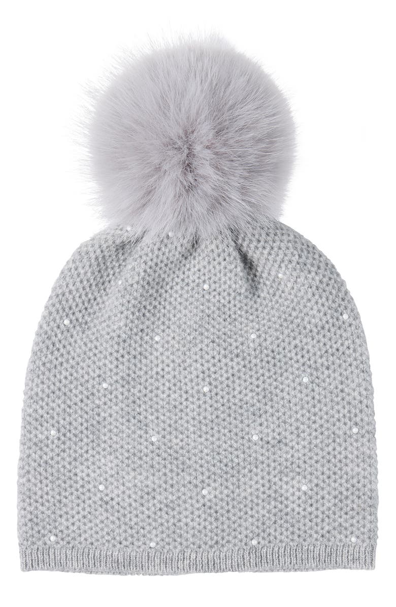 Sofia Cashmere Embellished Textured Cashmere Beanie with Faux Fur Pompom, Main, color, Grey