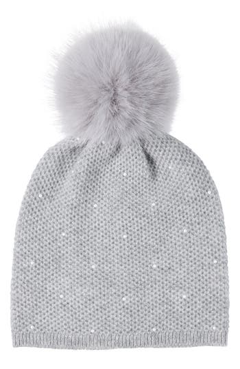 Sofia Cashmere Embellished Textured Cashmere Beanie With Faux Fur Pompom In Gray