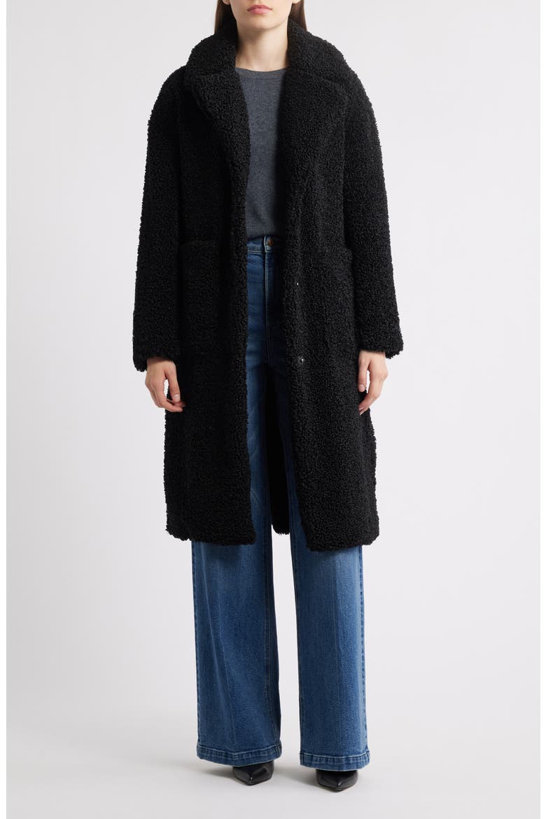 Notch Collar Faux Shearling Long Coat, Alternate, color, BLACK