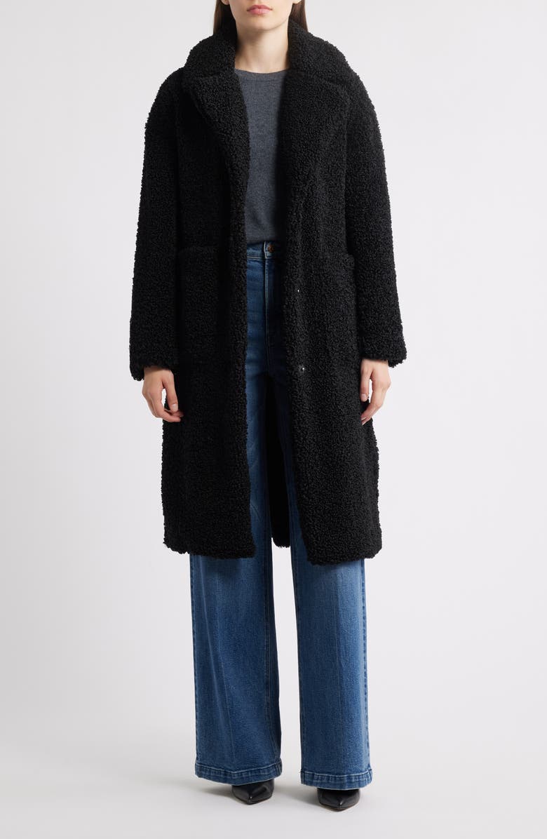 BCBGMAXAZRIA Notch Collar Faux Shearling Long Coat, Alternate, color, Black