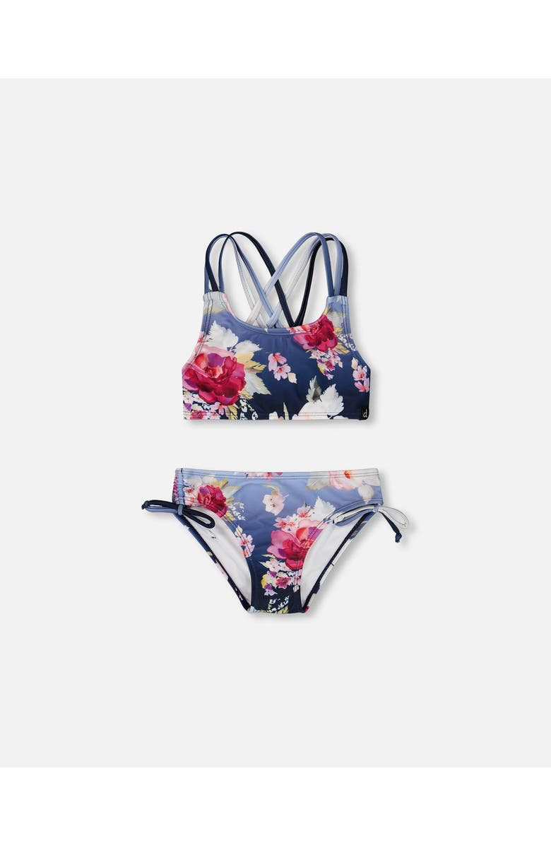 Deux par Deux Two-Piece Rose Swimsuit, Main, color, Blue With Roses Print