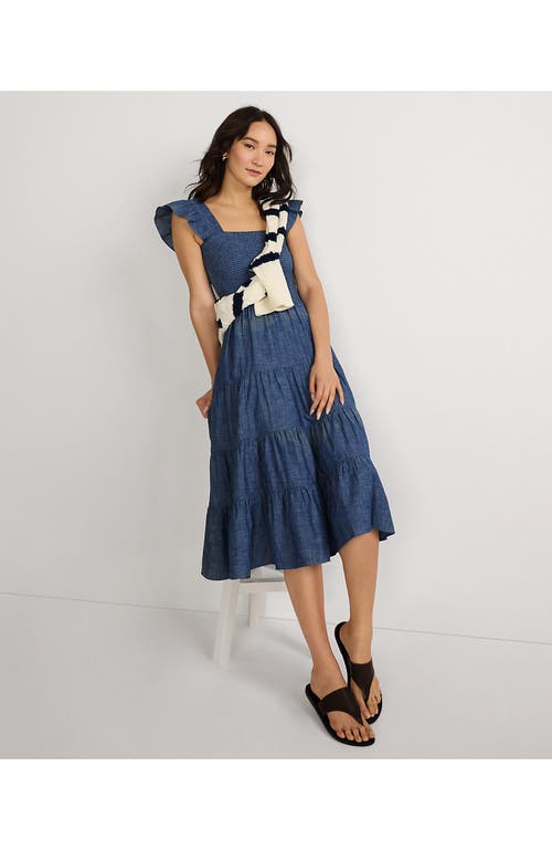 Lands' End Chambray Smocked Dress With Ruffle Straps In Medium Indigo Chambray
