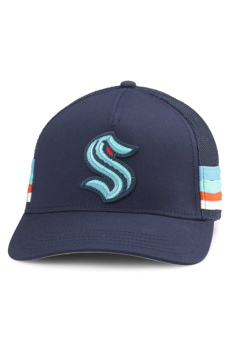 Men's American Needle Deep Sea Blue Seattle Kraken HotFoot Stripes Trucker Adjustable Hat, Main, color, Navy