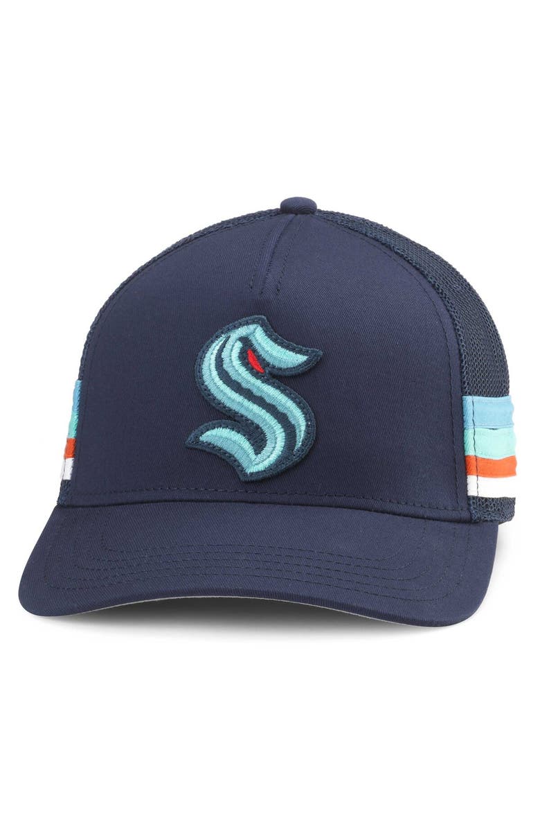 American Needle Men's American Needle Deep Sea Blue Seattle Kraken HotFoot Stripes Trucker Adjustable Hat, Main, color, Navy