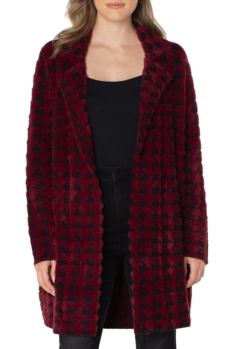 Liverpool Los Angeles Houndstooth Open Front Sweater Coat, Main, color, Burgundy And Black Houndstooth