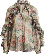 KOBI HALPERIN Esme Floral Ruffle Button-Up Chiffon Shirt