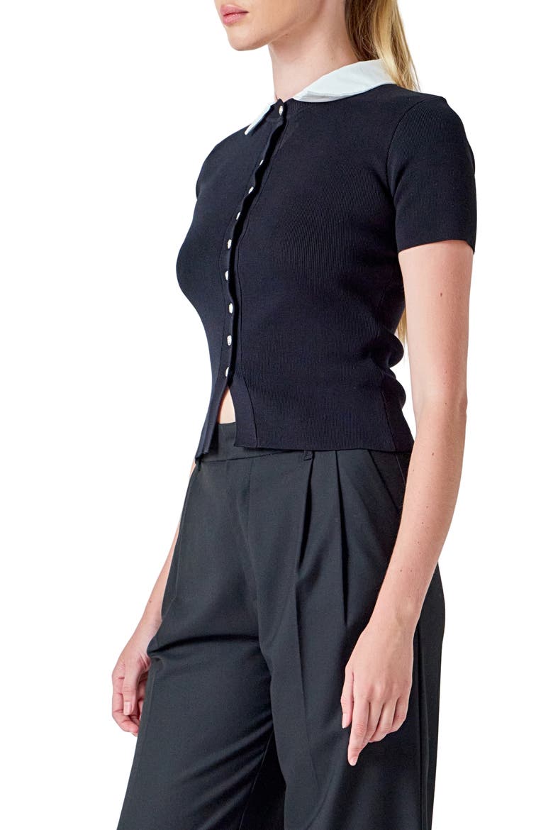 Contrast Collar Button Front Knit Top, Alternate, color, BLACK/IVORY