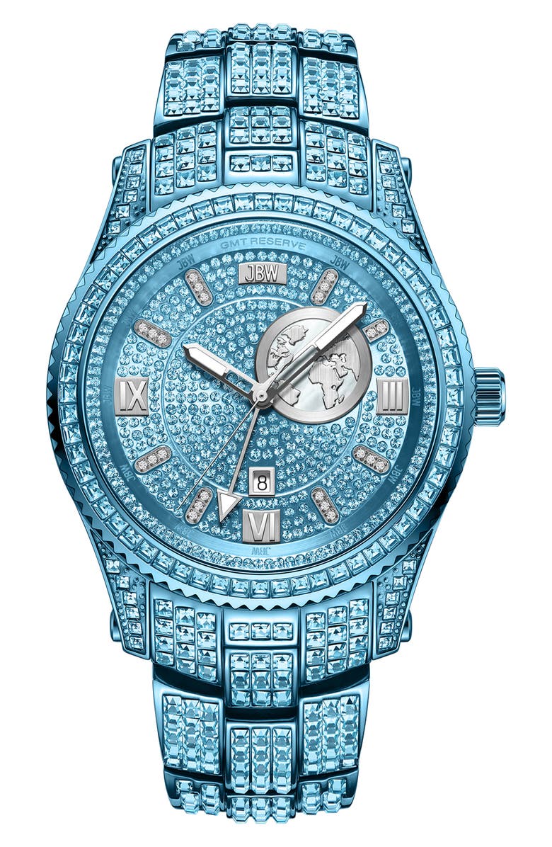 JBW Reserve Jet Setter GMT Diamond & Crystal Bracelet Watch, 46mm, Main, color, Turquoise