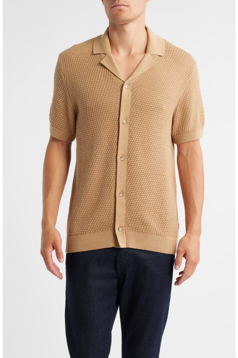 Iconico Texture Knit Camp Shirt, Main, color, MEDIUM BEIGE