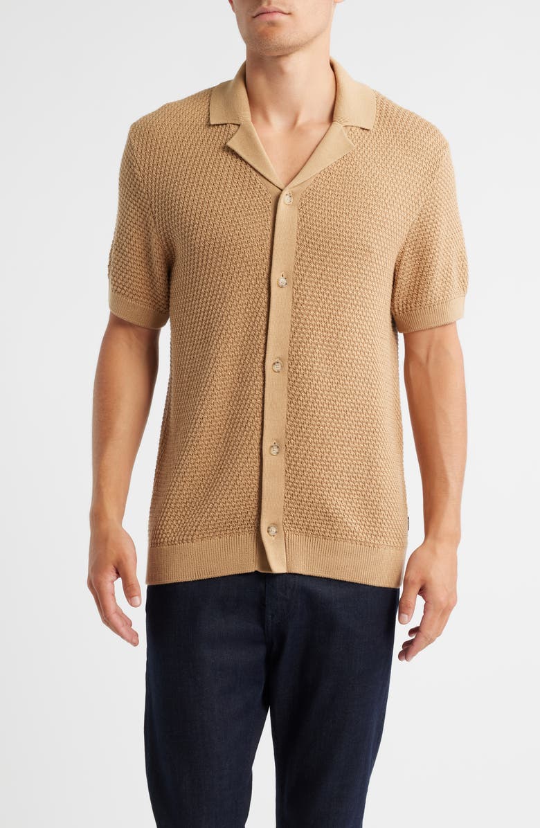 BOSS Iconico Texture Knit Camp Shirt, Main, color, Medium Beige