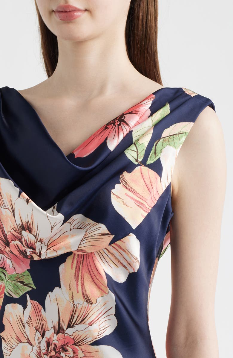 Eliza J Floral Cowl Neck Satin Gown, Alternate, color, Navy