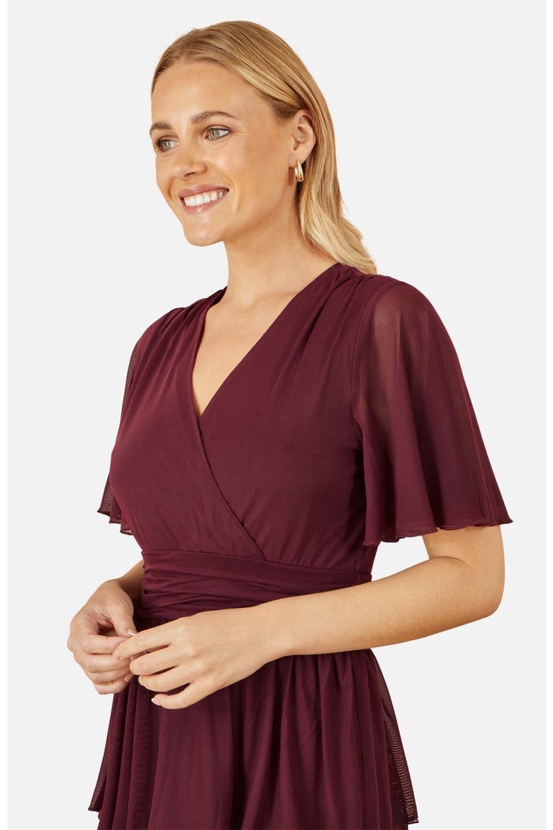 Mesh V-Neck Tiered Maxi Dress, Alternate, color, Burgundy