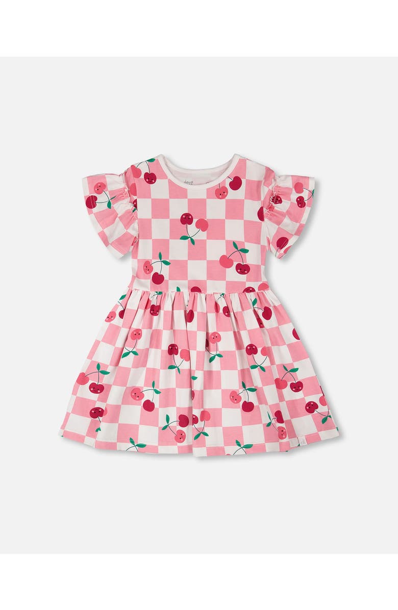 Deux par Deux Organic Cotton Jersey Cherries Short Sleeve Dress, Main, color, Pink Printed Cherries