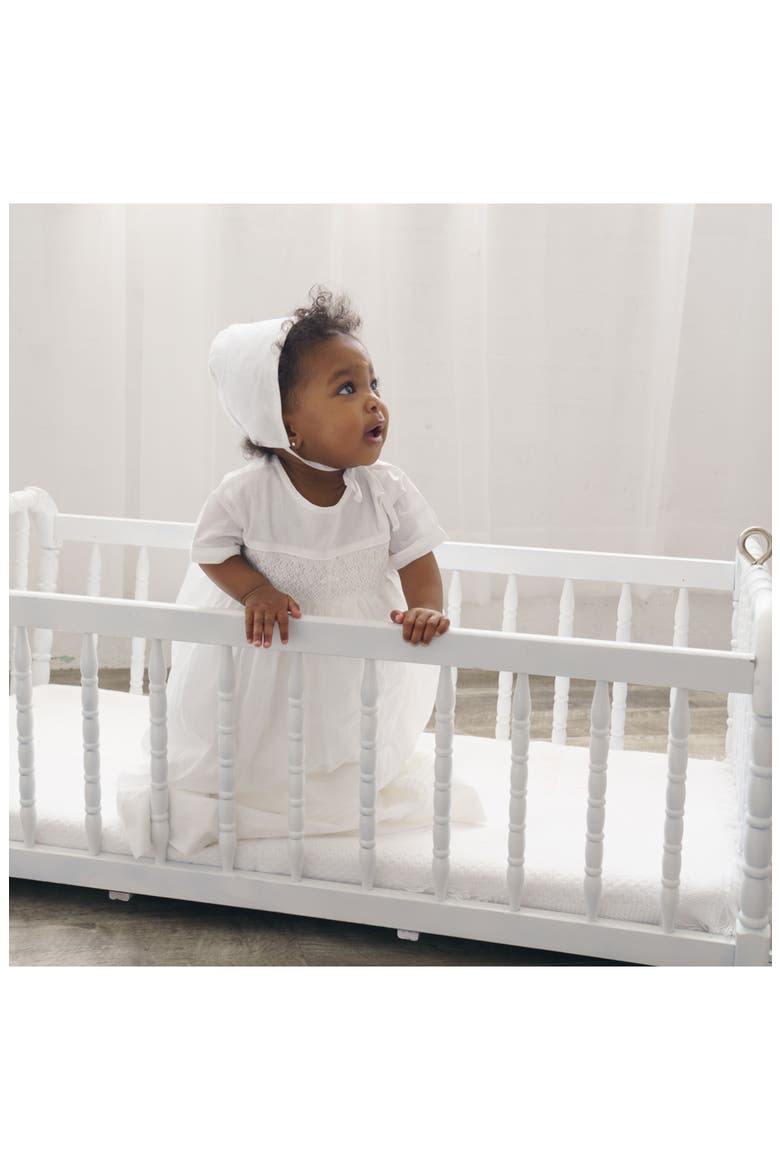Smocked Christening Gown & Bonnet Set, Alternate, color, WHITE