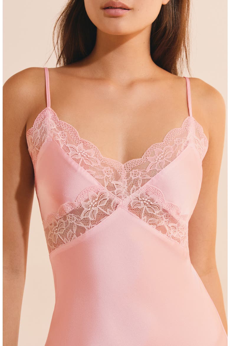 Desire Lace Trim Long Chemise, Alternate, color, PINK