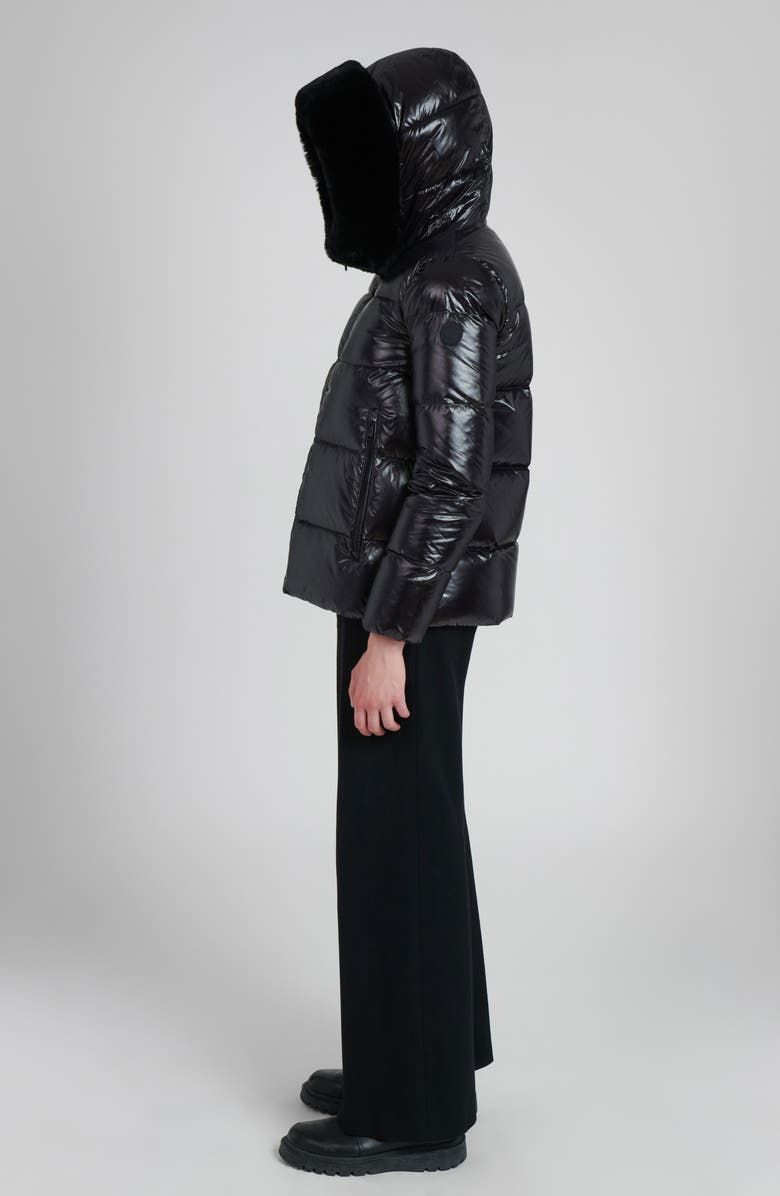 The Recycled Planet Company Water Resistant Nylon Down Puffer Coat with Faux Fur Trim, Alternate, color, Black