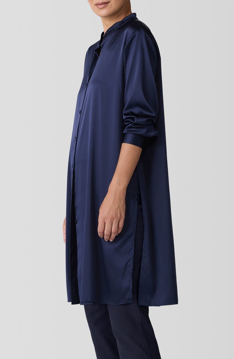 Eileen Fisher Band Collar Longline Stretch Silk Button-Up Shirt, Alternate, color, 