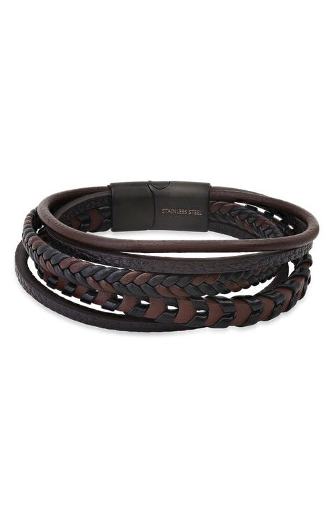 Mens' Multi-Strand Bead & Braided Leather Bracelet