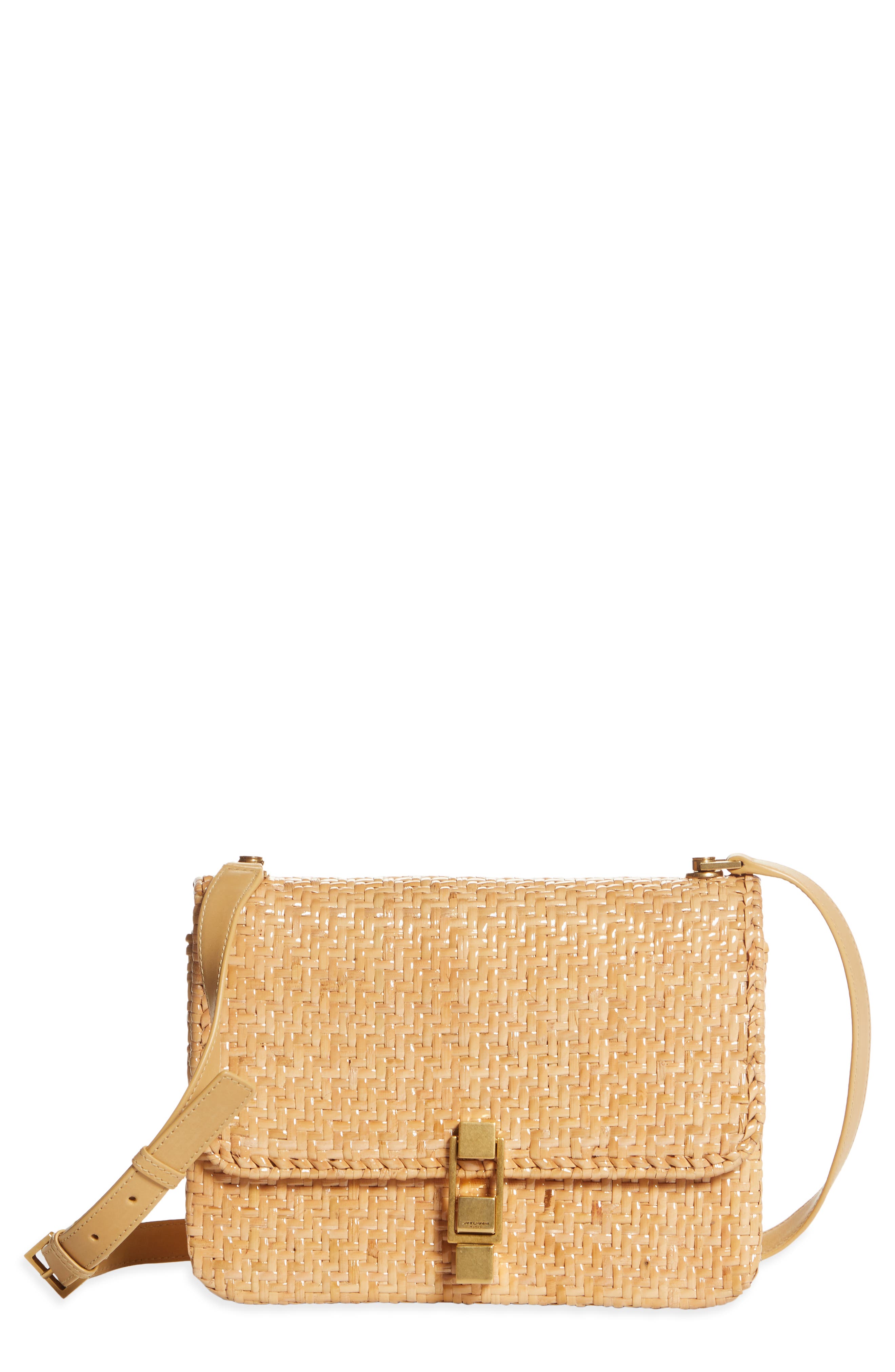 YSL Croc Embossed Leather Shoulder Bag, Main, color, NATURAL STRAW/ BROWN GOLD