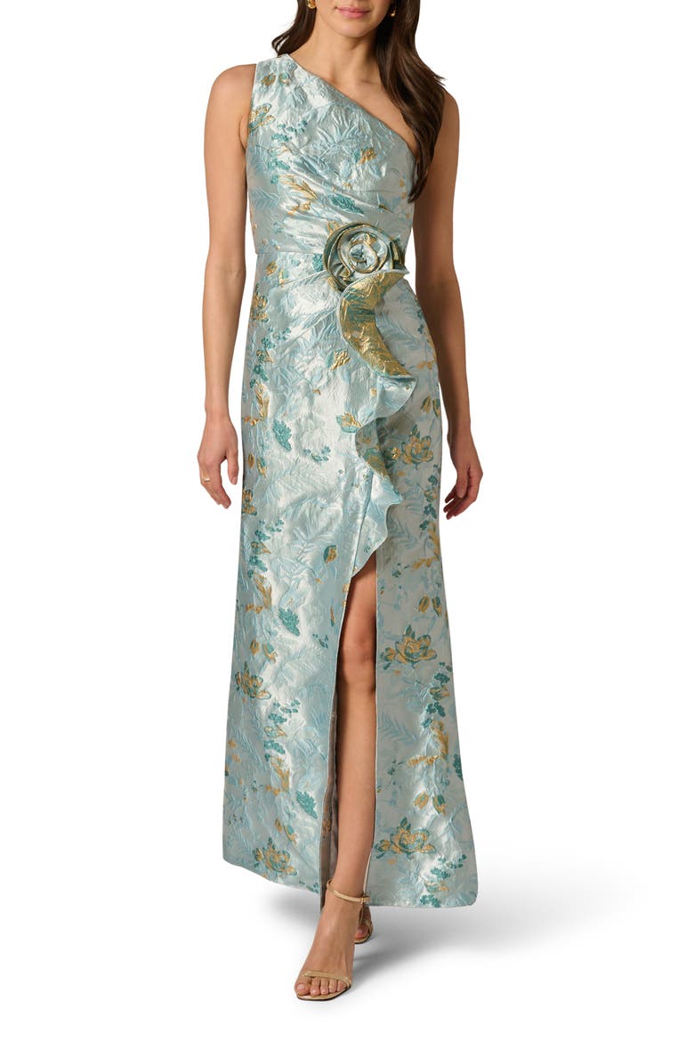 One-Shoulder Rosette Metallic Jacquard Slit Gown, Main, color, BLUE MULTI