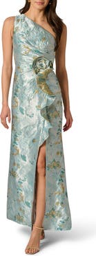 Adrianna Papell One-Shoulder Rosette Metallic Jacquard Slit Gown