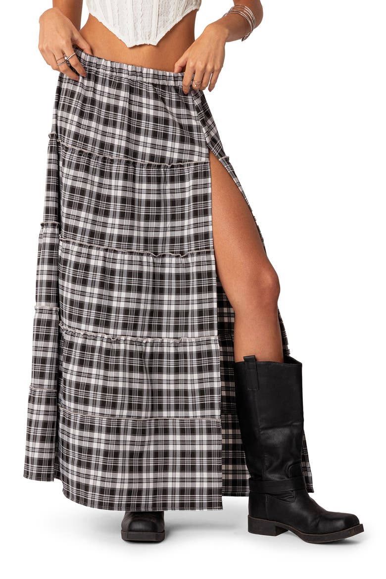 Plaid Tiered Slit Maxi Skirt, Main, color, BLACK-AND-WHITE