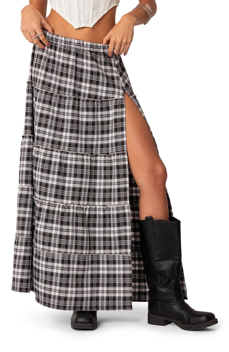 EDIKTED Plaid Tiered Slit Maxi Skirt, Main, color, Black-And-White