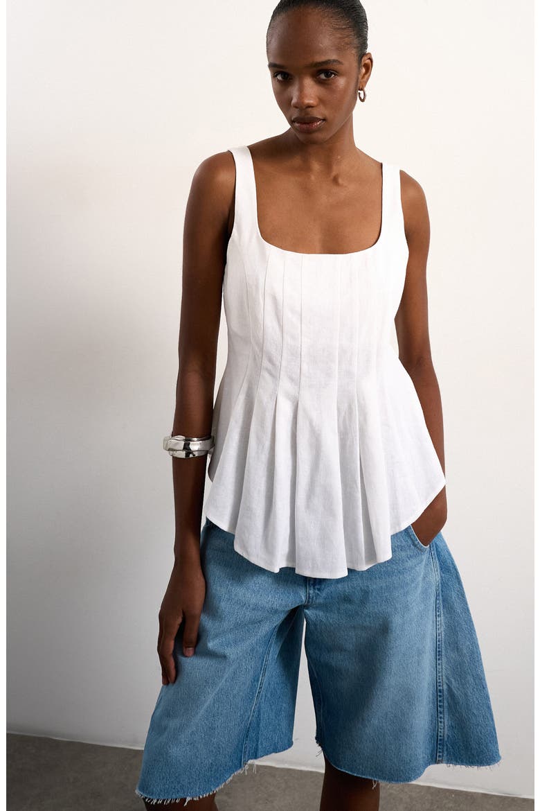 Pleated Curve Hem Linen Blend Top, Main, color, IVORY