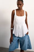 Topshop Pleated Curve Hem Linen Blend Top