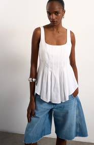 Topshop Pleated Curve Hem Linen Blend Top