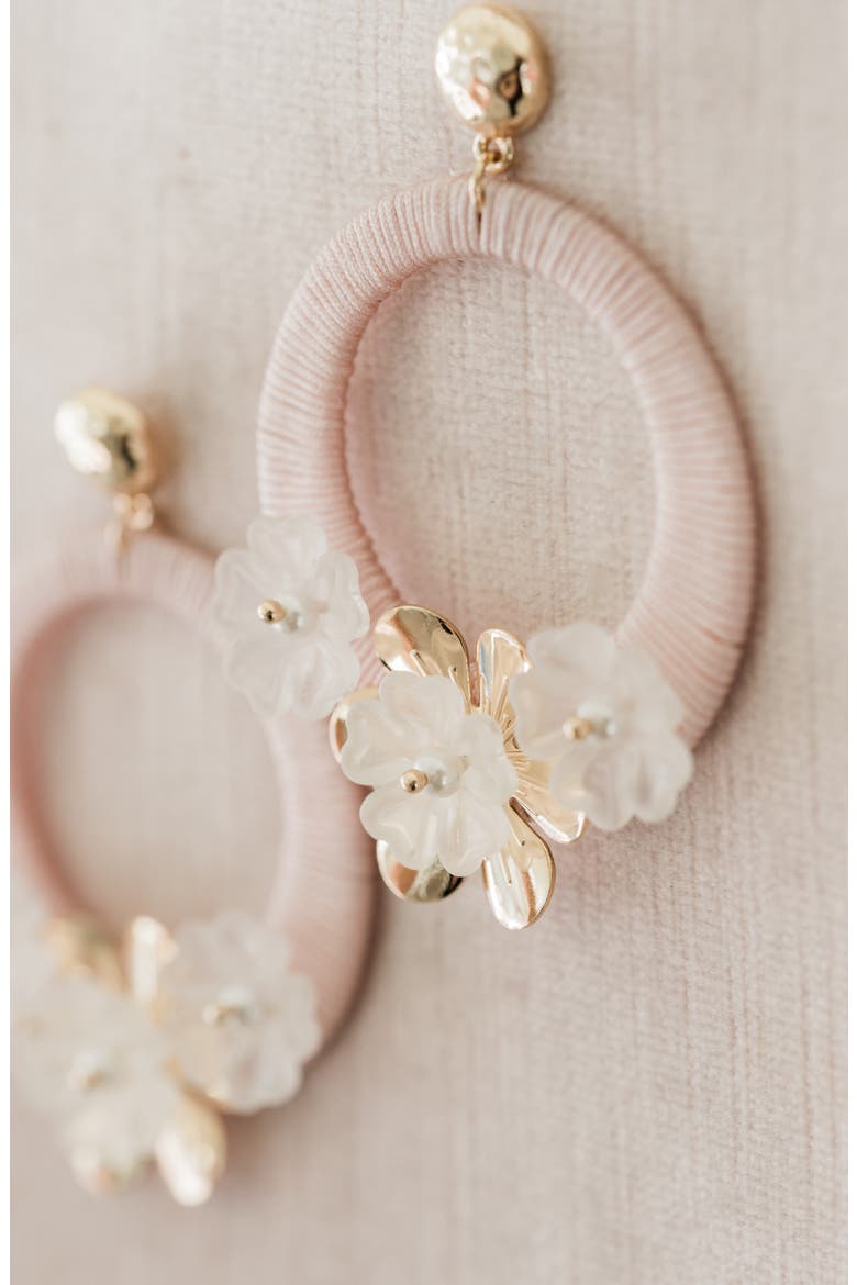Flower Hoop Drop Earrings, Alternate, color, PINK PEARL- GOLD