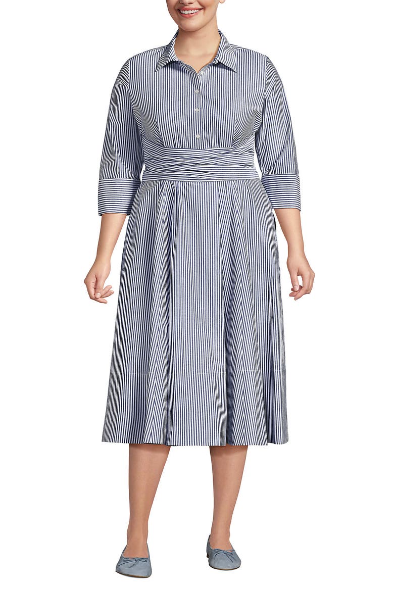 Plus Size Poplin Midi Wrap Front Dress, Alternate, color, Midnight Sky Pinstripe