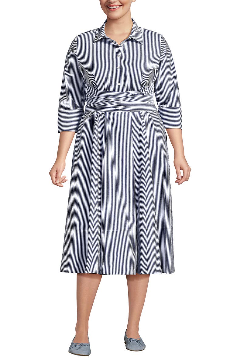 Lands' End Poplin Midi Wrap Front Dress, Alternate, color, Midnight Sky Pinstripe