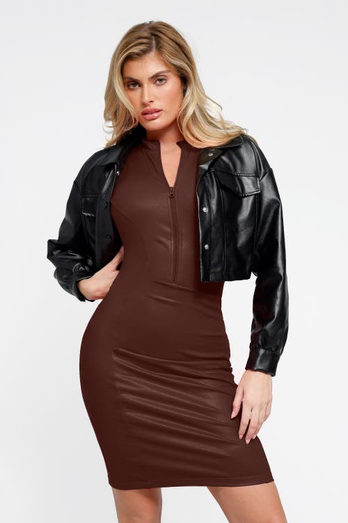 Popilush Shapewear Sculpting Faux Leather Zip Front Midi Dress In Ruddy Brown