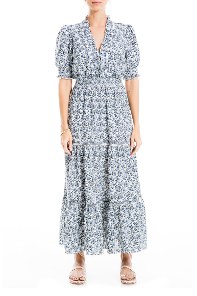 V-Neck Short Puff Sleeve Floral Print Tiered Dress, Main, color, COBALT WILDFLOWER OUTLINE