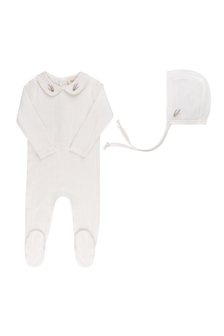 Organic Cotton Embroidered Collar Collection - Footie + Bonnet, Main, color, Ivory Heather