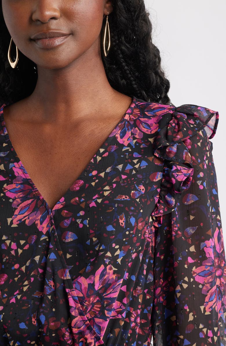 Treasure & Bond Tiered Ruffle Faux Wrap Maxi Dress, Alternate, color, Black-Pink Painterly Medallion