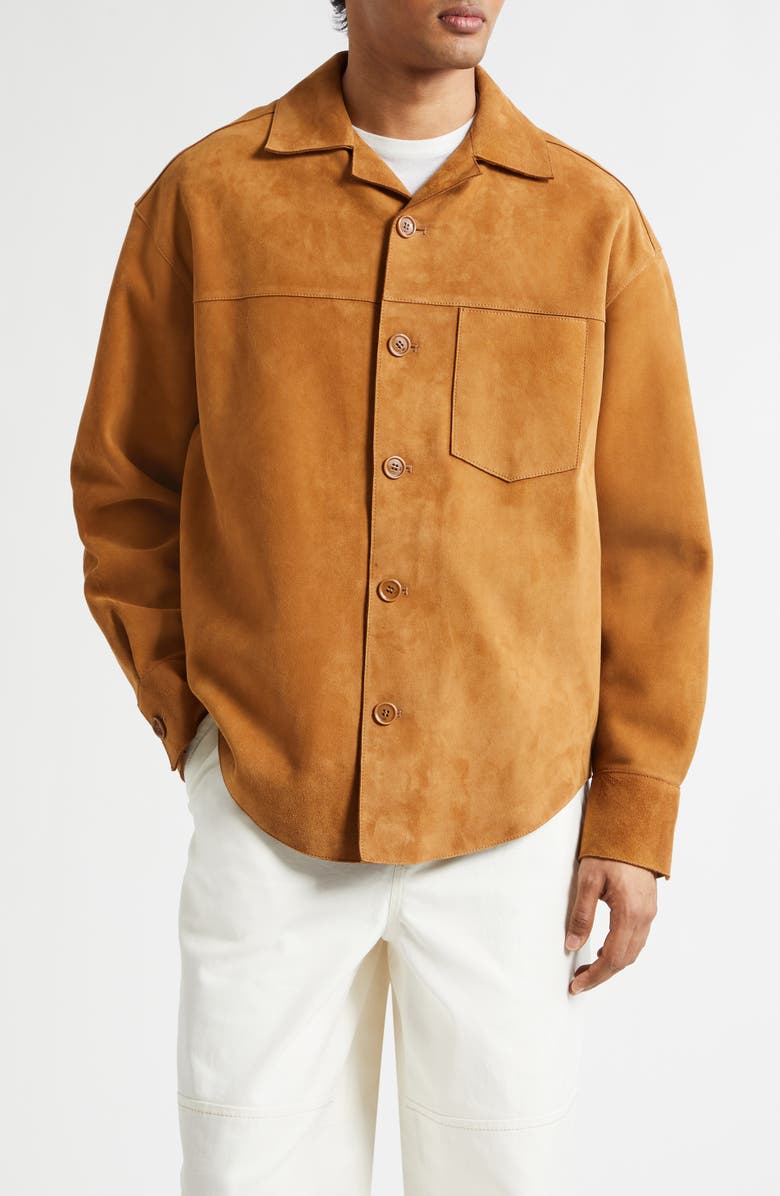 AMI PARIS Suede Overshirt, Main, color, Caramel