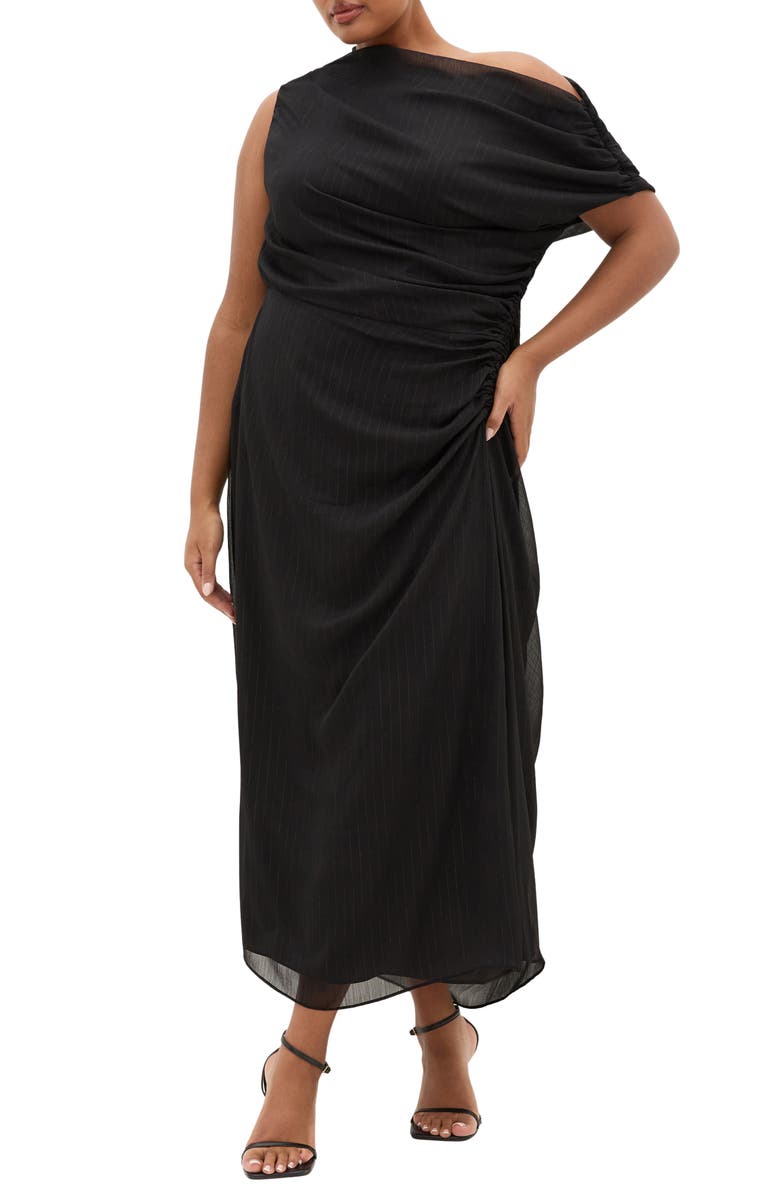 City Chic VIvid One-Shoulder Maxi Dress, Main, color, Metallic Black