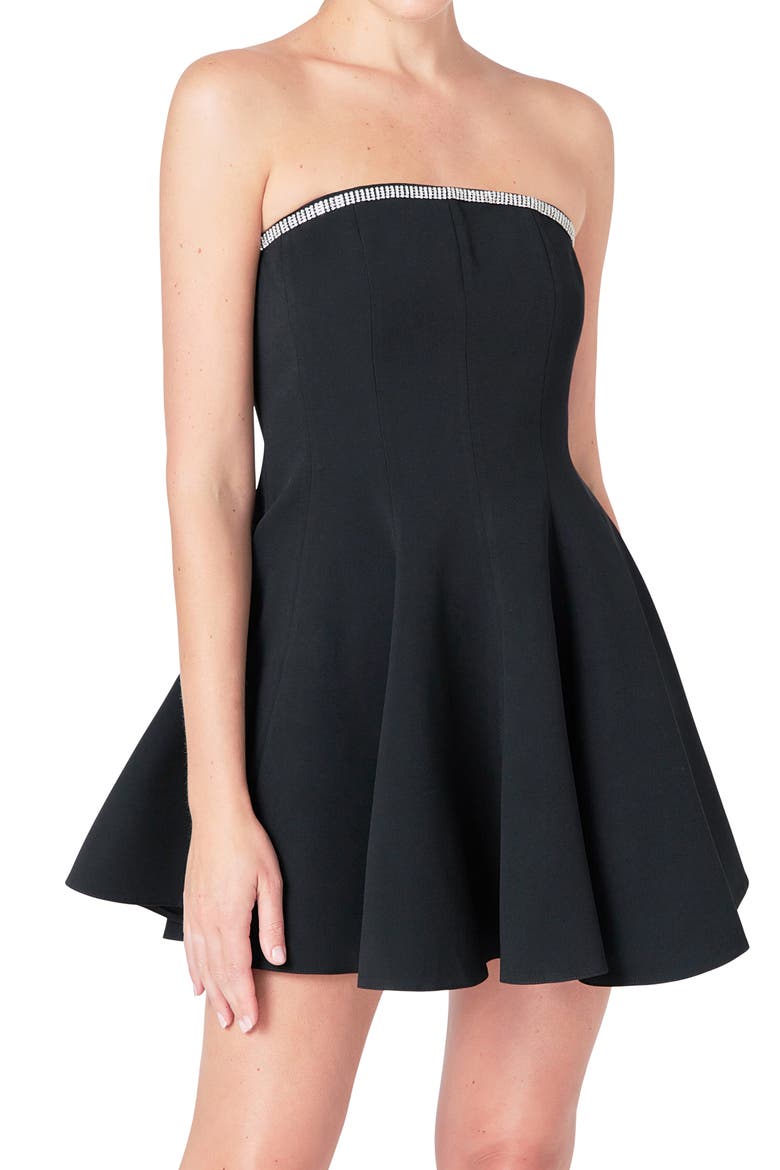 Embellished Trim Flounced Strapless Fit & Flare Dress, Alternate, color, BLACK