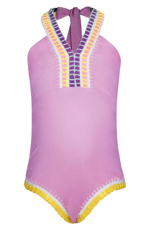 Kids' Rainbow Embroidered Halter One-Piece Swimsuit (Big Kid)