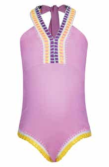 PQ SWIM Kids' Rainbow Embroidered Halter One-Piece Swimsuit