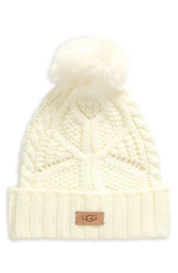 Ugg ® Faux Fur Pompom Cable Knit Beanie In Gray
