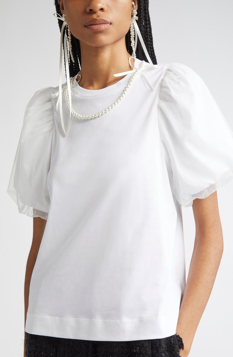 Simone Rocha Tulle Overlay Puff Sleeve T-Shirt with Faux Pearl Trim, Alternate, color, White/ Pearl