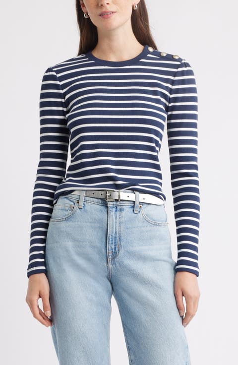 Stripe Button Shoulder Long Sleeve Rib T-Shirt
