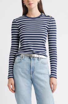 Caslon® Stripe Button Shoulder Long Sleeve Rib T-Shirt