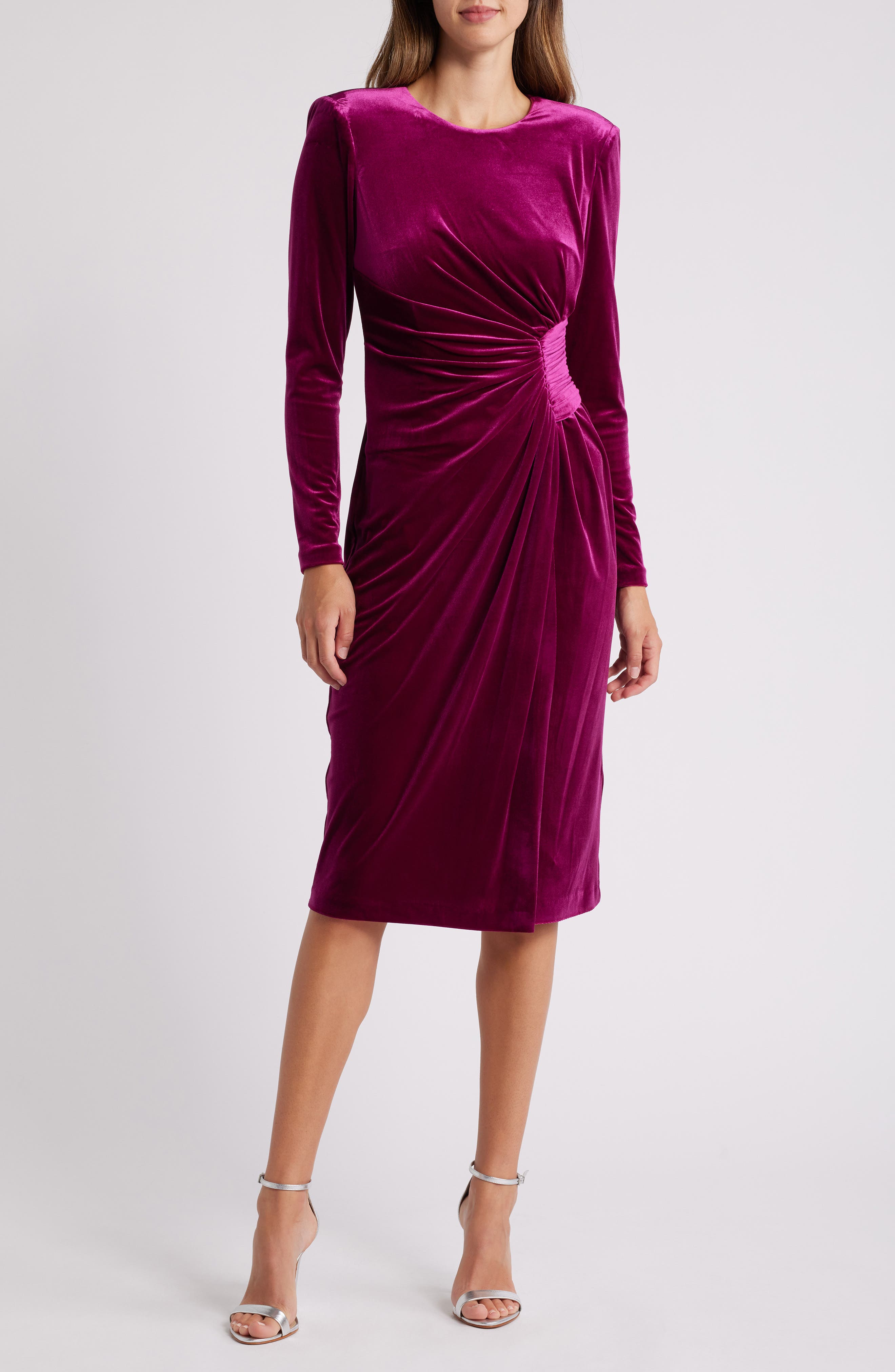 Side Gather Long Sleeve Velvet Dress